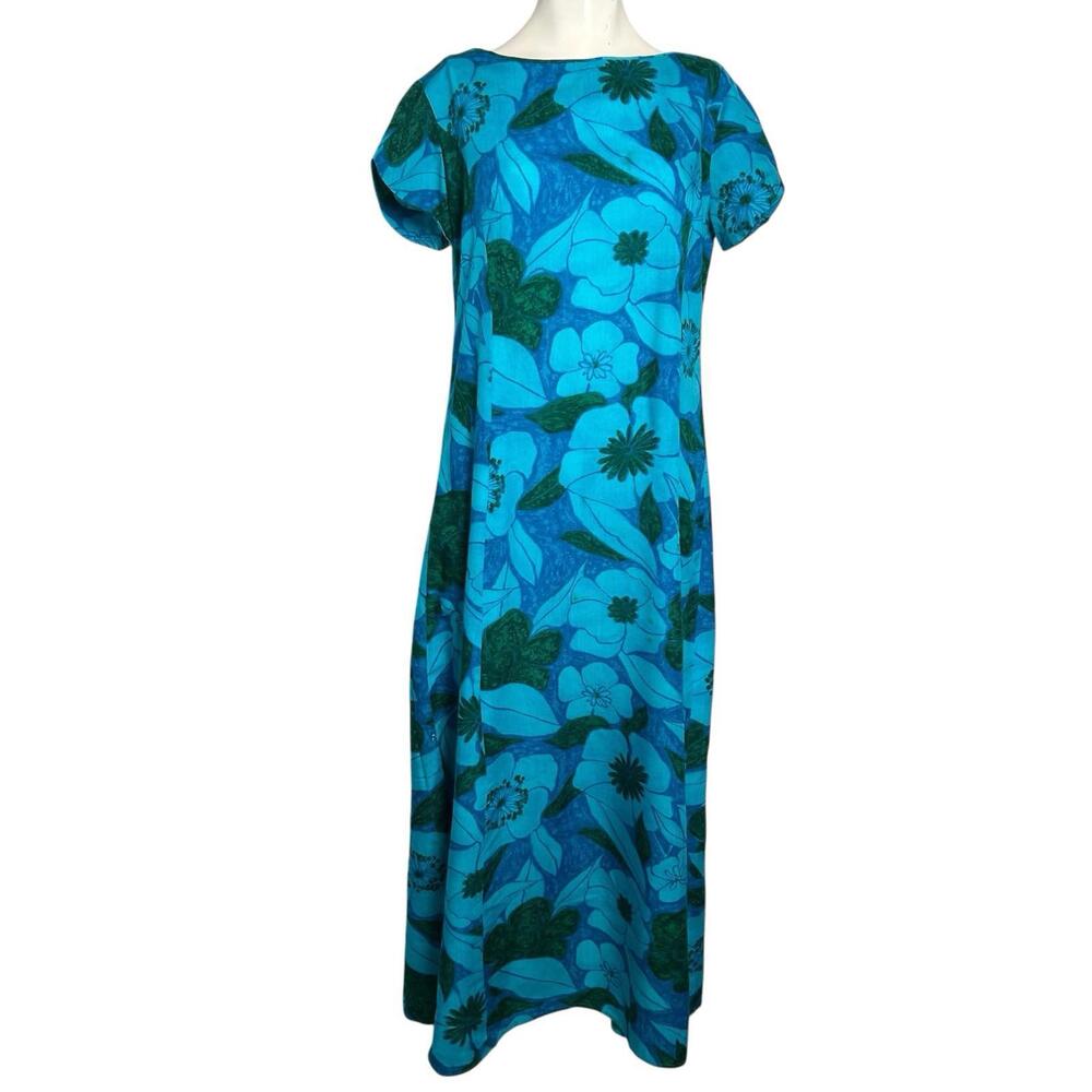 Vintage 60s 70s Hawaiian Maxi Dress Blue Green Floral A Line Boho 41” Bust